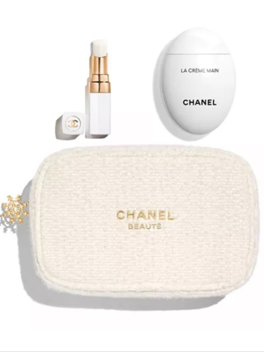 CHANEL White Bouclé Cosmetic Pouch with Gold Logo